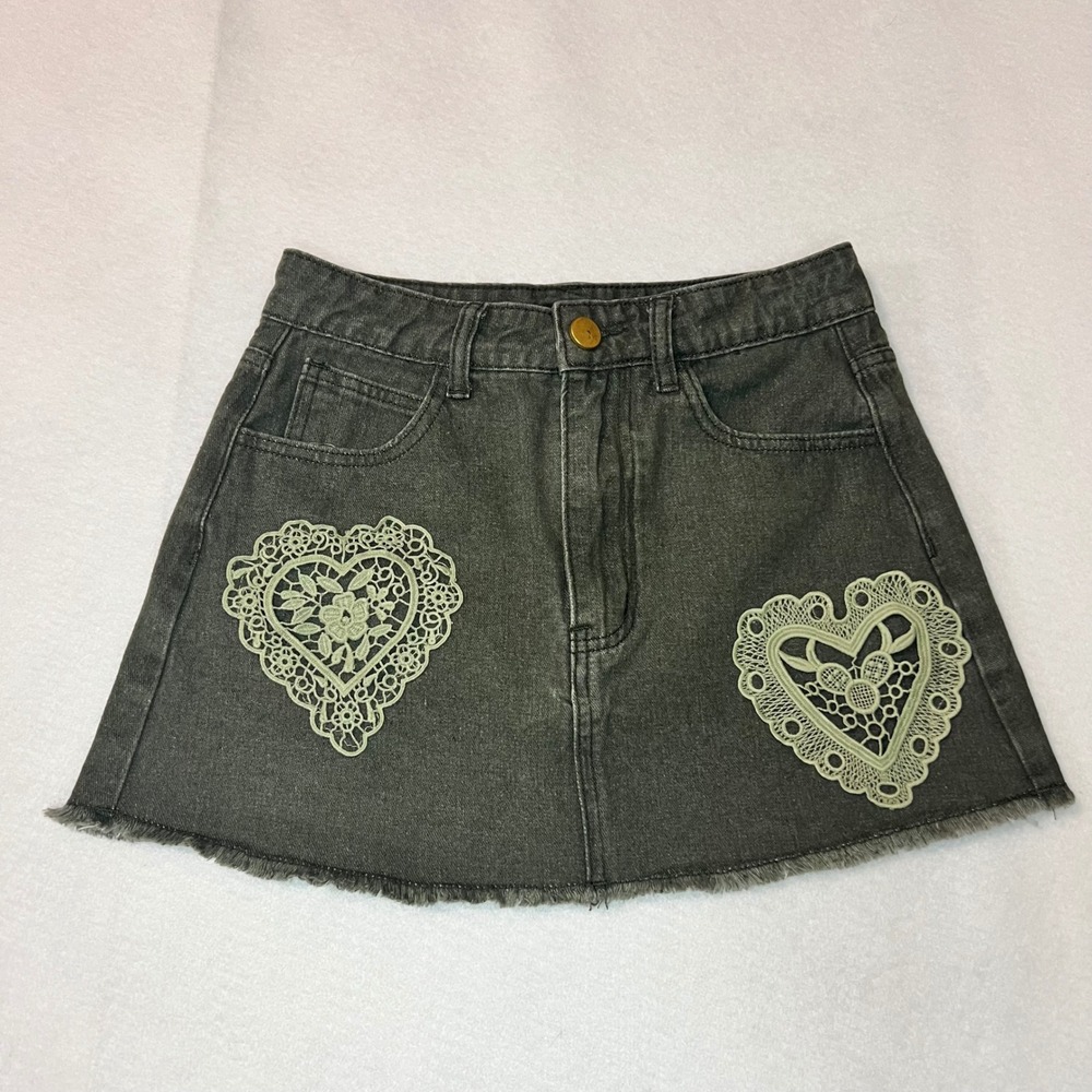 Cider Olive Green Denim Mini Skirt Crochet Lace Hearts Coquette Boho Frayed XXS